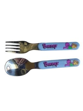 Vintage Barney 1997 Child Fork Spoon Set Utensils Yellow Horse Stainless Steel